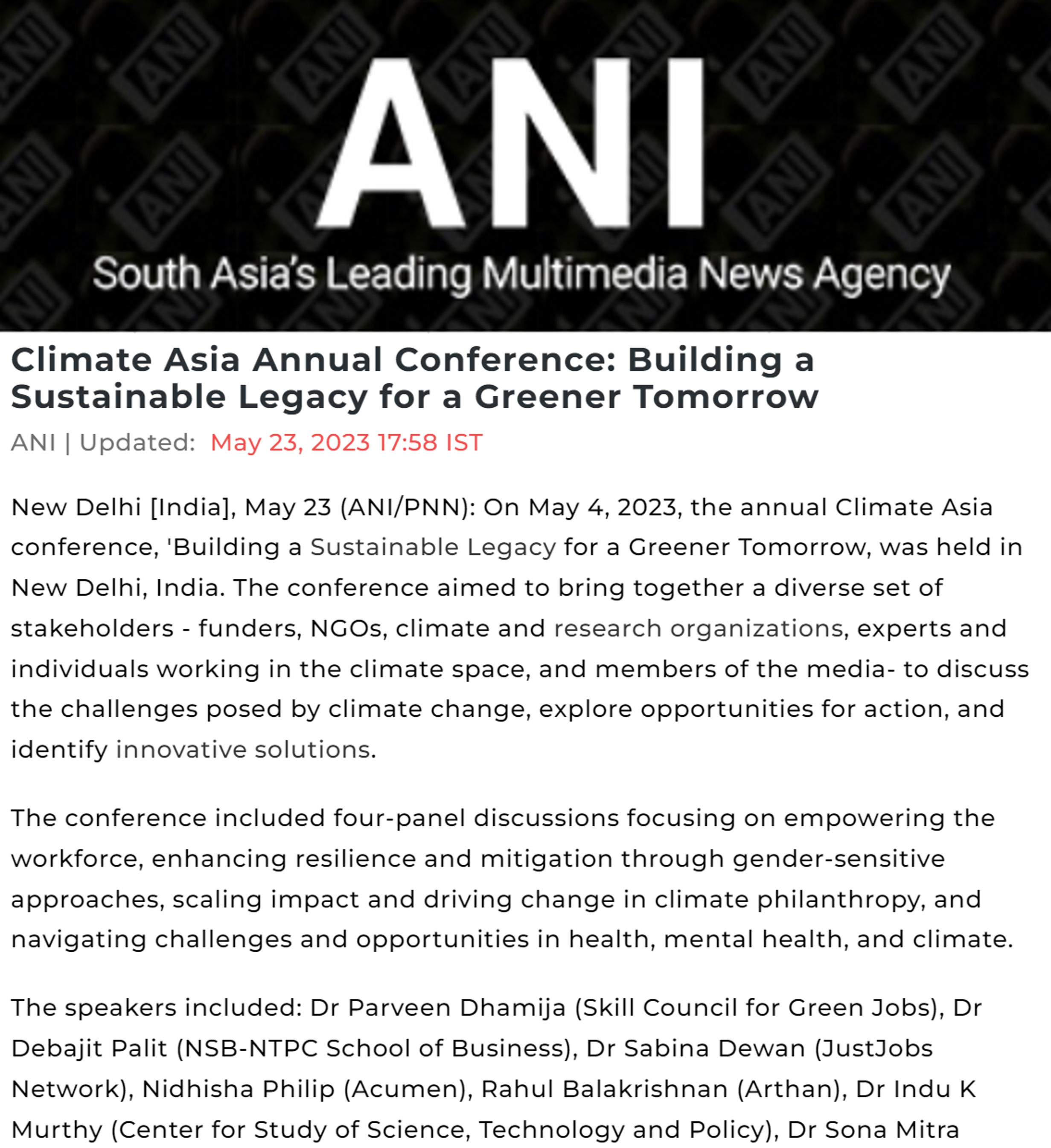 Dr Indu K Murthy mentioned as a speaker at the annual Climate Asia conference by ANI